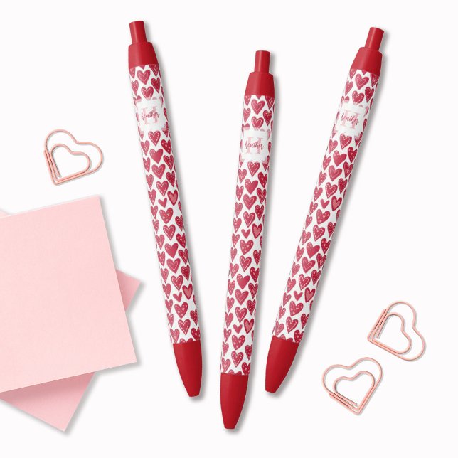 Stylo Noir Monogram Red Valentine Heart Pattern (Cute monogram red heart pattern pens. so girly & fun! A great gift for a friend for Valentine's Day.)