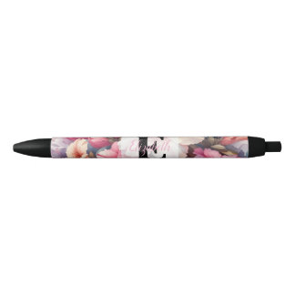 Stylo Noir Monogramme aquarelle florale azalées roses bleues