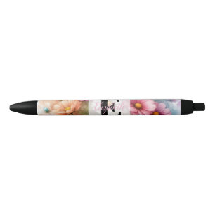 Stylo Noir Monogramme aquarelle florale fleurs marguerites ro