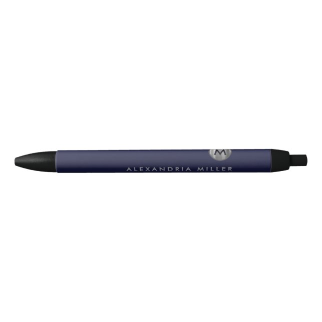 Stylo Noir Monogramme d'argent bleu de la marine moderne (Devant)
