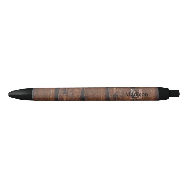 Stylo Noir Monogramme de bois ancien brun foncé rustique (Devant)