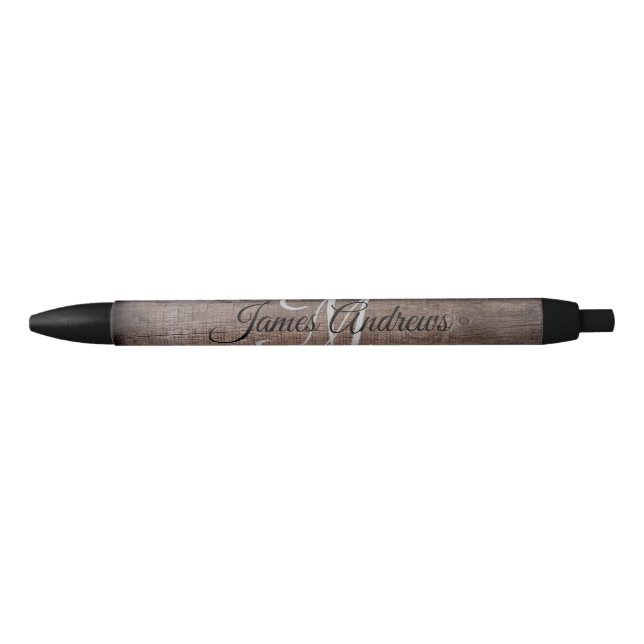 Stylo Noir Monogramme de bois rustique moderne (Devant)