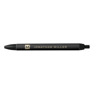 Stylo Noir Monogramme de luxe personnalisé avec nom d'or