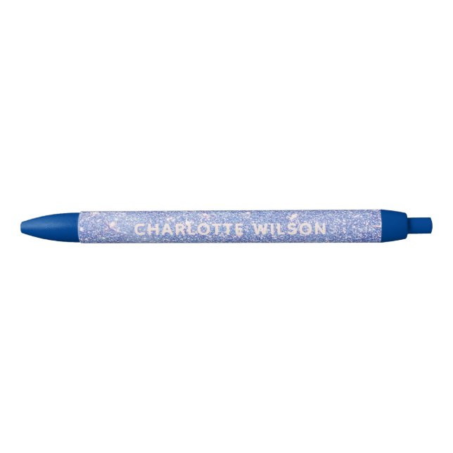 Stylo Noir Monogramme de nom de script pailleté bleu élégant (Devant)