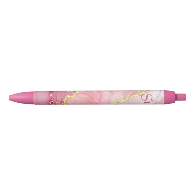 Stylo Noir Monogramme de Parties scintillant de marbre rose o (Devant)