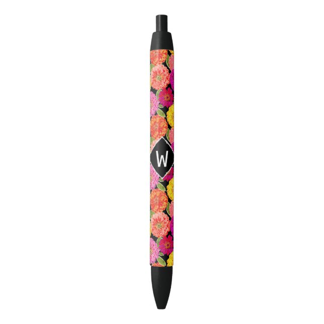 Stylo Noir Monogramme de Zinnias d'été floral rétro (devant Vertical)