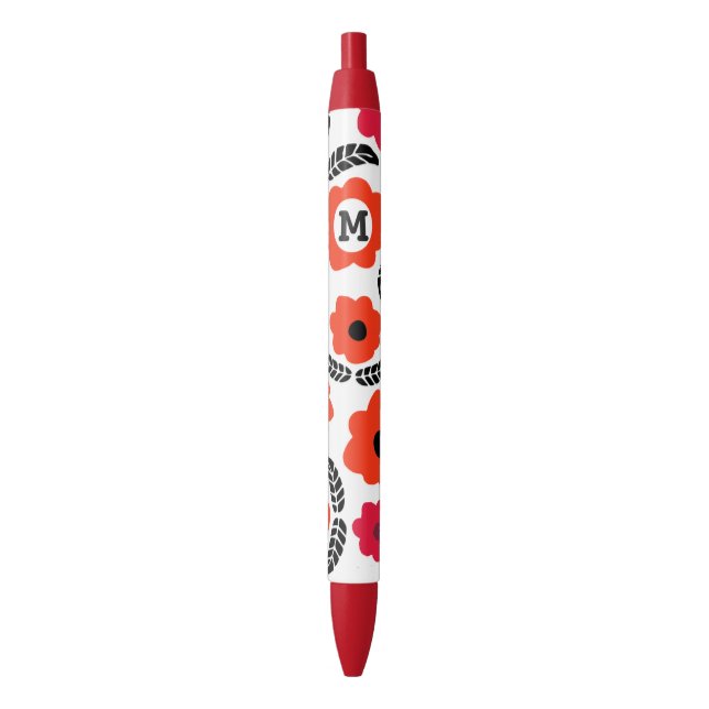 Stylo Noir Monogramme floral orange et rouge moderne (devant Vertical)