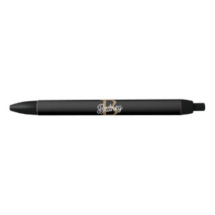 Stylo Noir Monogramme moderne élégant Nom Black Gold Script