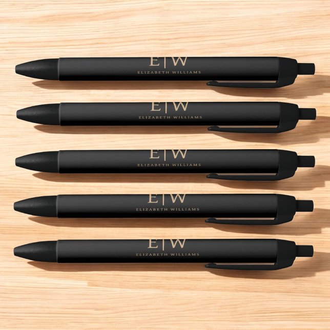 Stylo Noir Monogramme moderne minimaliste noir et or (Créateur téléchargé)