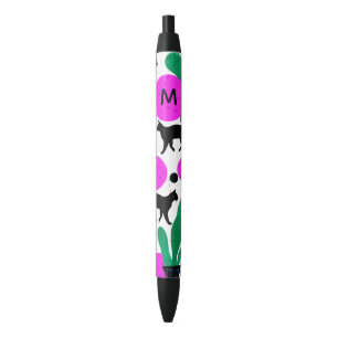 Stylo Noir Monogramme Motif de chats noirs et de cactus moder