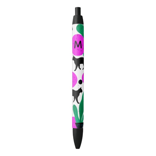 Stylo Noir Monogramme Motif de chats noirs et de cactus moder (devant Vertical)