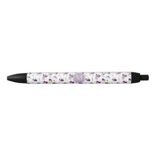 Stylo Noir Monogramme Motif des Irises de couleur d'eau viole
