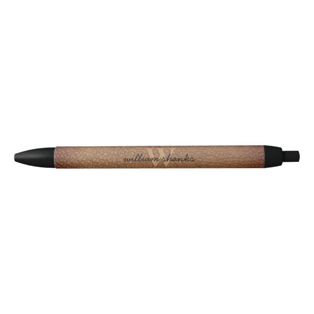 Stylo Noir Monogramme nom du script Style rustique cuir marro (Devant)