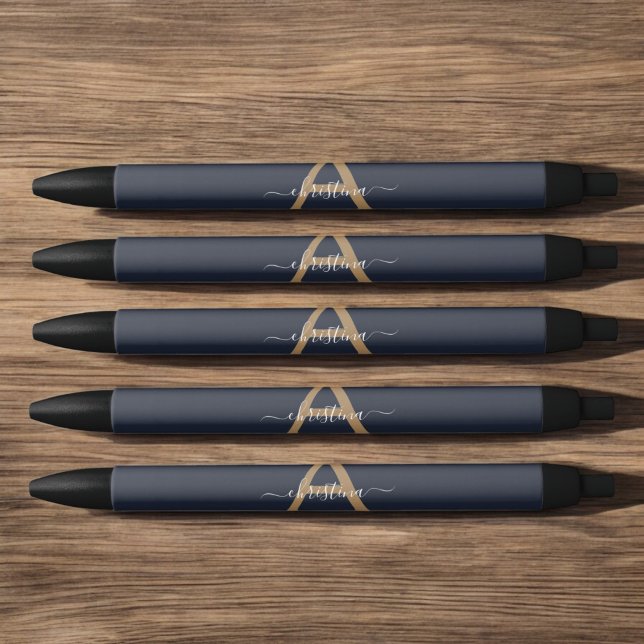Stylo Noir Monogramme or bleu marine Nom initial (Créateur téléchargé)