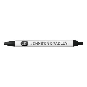 Stylo Noir Monogramme simple Nom personnalisé Noir et blanc
