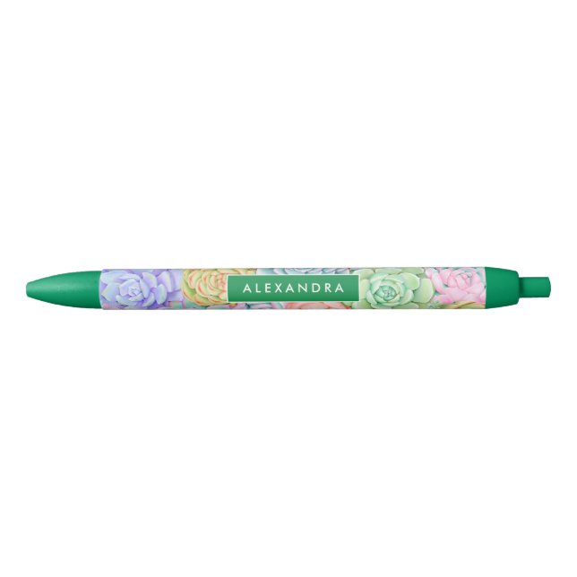 Stylo Noir Monogramme Succulents Aquarelle Pastel coloré (Devant)