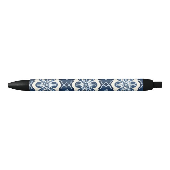 Stylo Noir Motif à fleurs bleu et blanc (Devant)