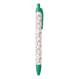 Stylo Noir Motif arc-en-ciel fleuri coloré