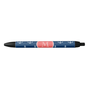 Stylo Noir Motif blanc d'Ancres de bleu marine, monogramme de