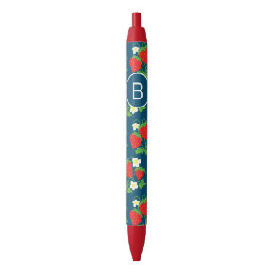 Stylo Noir Motif bleu fraise et fleur Monogramme