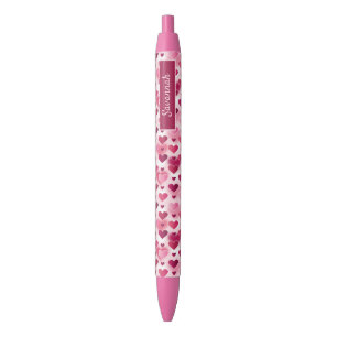 Stylo Noir Motif Coeurs roses avec nom personnalisé
