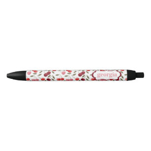 Stylo Noir Motif de cerisier rose doux  Monogramme