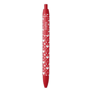 Stylo Noir Motif de cœur blanc sur fond rouge avec nom person