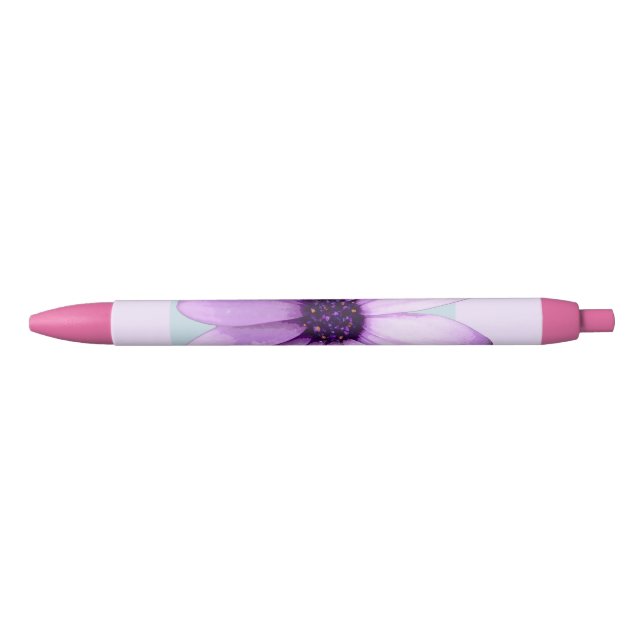 Stylo Noir motif de marguerite rayée de bleu et de violet (Devant)