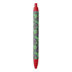 Stylo Noir Motif de papillon coloré assez orné sur fond vert