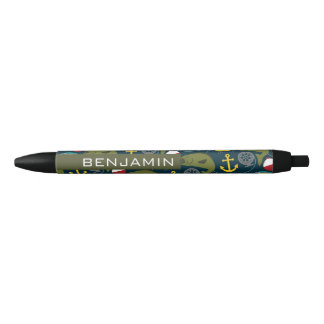 Stylo Noir Motif de pêche sportive avec nom personnalisé
