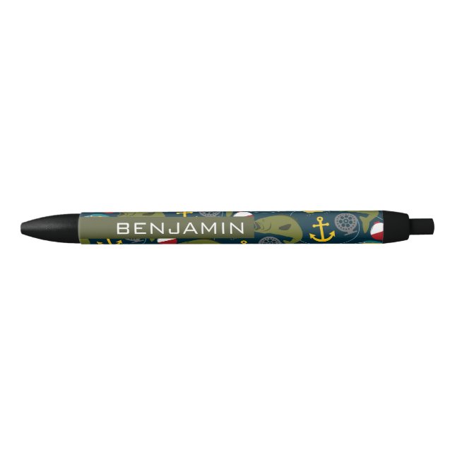 Stylo Noir Motif de pêche sportive avec nom personnalisé (Devant)