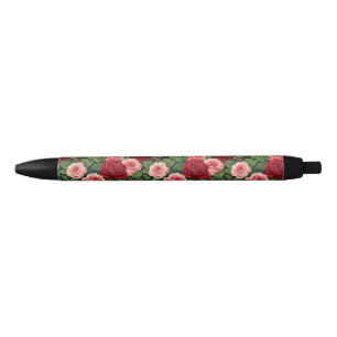 Stylo Noir Motif de rose vibrant avec des roses rouges et ros