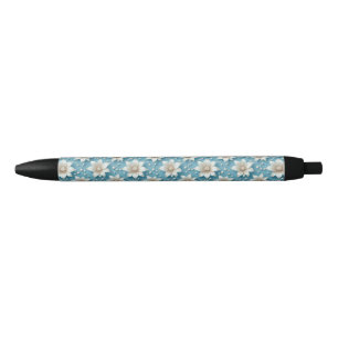 Stylo Noir Motif Élégant de Fleurs Blanches avec Perles