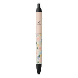 Stylo Noir Motif fleur rose pastel bleu clair Monogramme