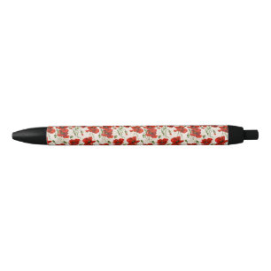 Stylo Noir Motif floral à coquelicots rouges de style vintage