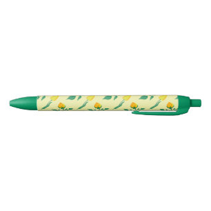 Stylo Noir Motif floral avec rose jaune et fleurs de tulipe