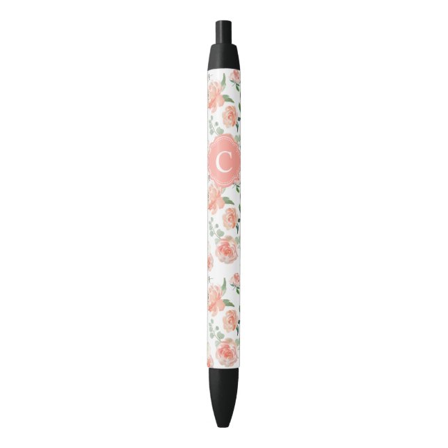 Stylo Noir Motif floral de la pêche féminine avec votre monog (devant Vertical)