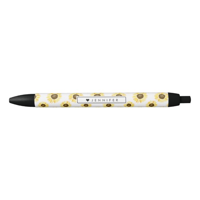 Stylo Noir Motif jaune de tournesols personnalisé (Devant)