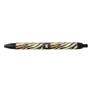 Stylo Noir Motif Monogramme Rayures de Tigre Noir Orange