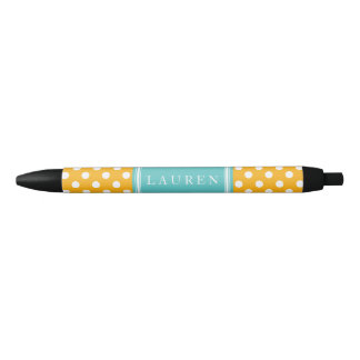 Stylo Noir Motif Pois Orange et Aqua personnalisé