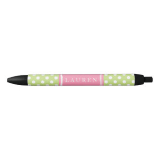 Stylo Noir Motif Pois vert et rose personnalisé