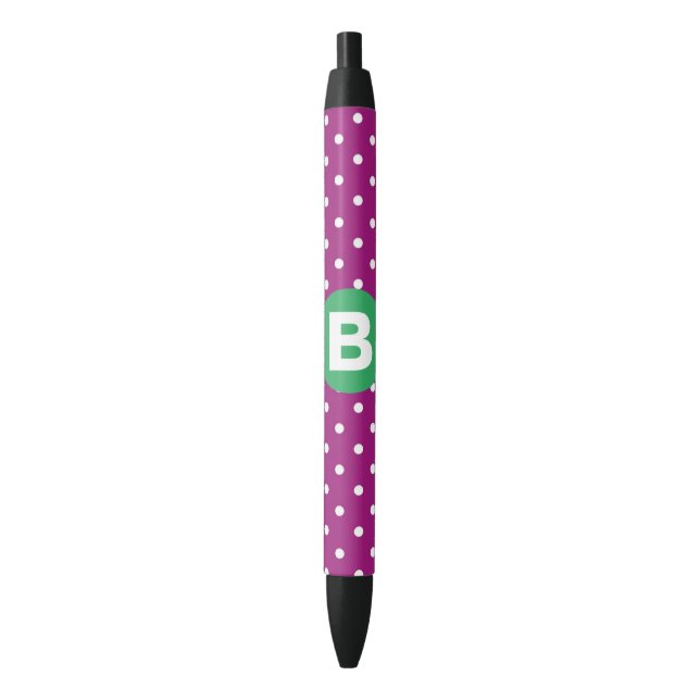 Stylo Noir Motif pois violets sur fond vert avec monogramme (devant Vertical)