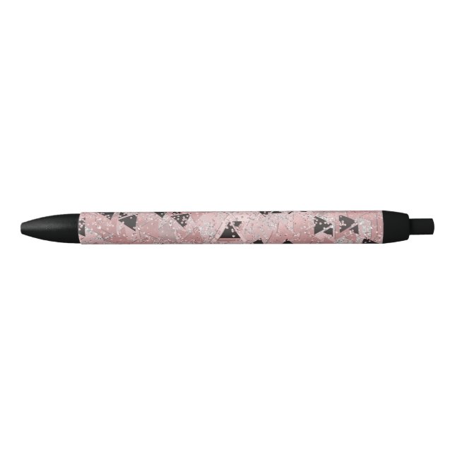 Stylo Noir Motif Rose rose or et triangles noir (Devant)