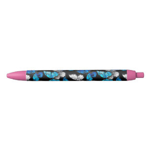 Stylo Noir Motif sans couleur foncée avec papillons bleus Mor