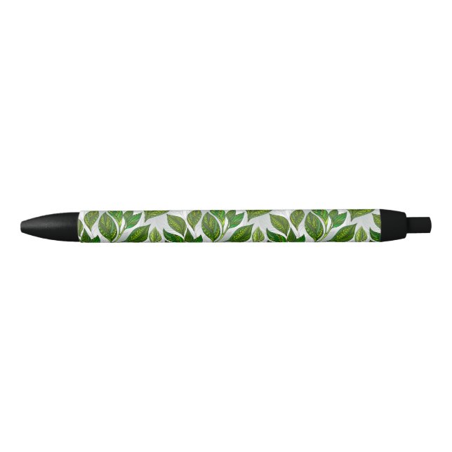 Stylo Noir Motif sans couture avec Feuilles de thé vert (Devant)