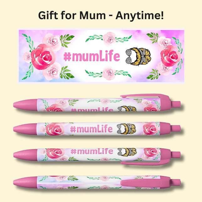 Stylo Noir #mumLife, maman Life, Fleurs roses, (Créateur téléchargé)