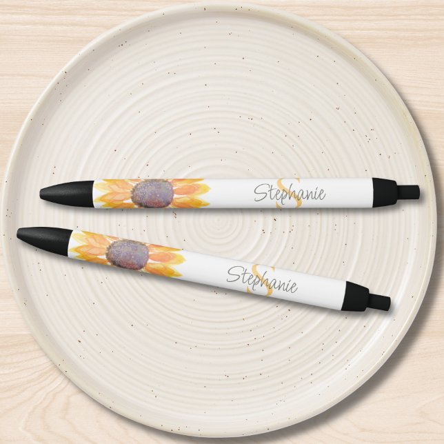 Stylo Noir Name Monogram Yellow Sunflower (Créateur téléchargé)