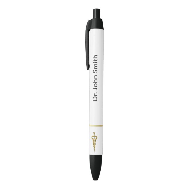 Stylo Noir Noble Élégant Or Argent Asclépios Médical (Haut (Vertical))