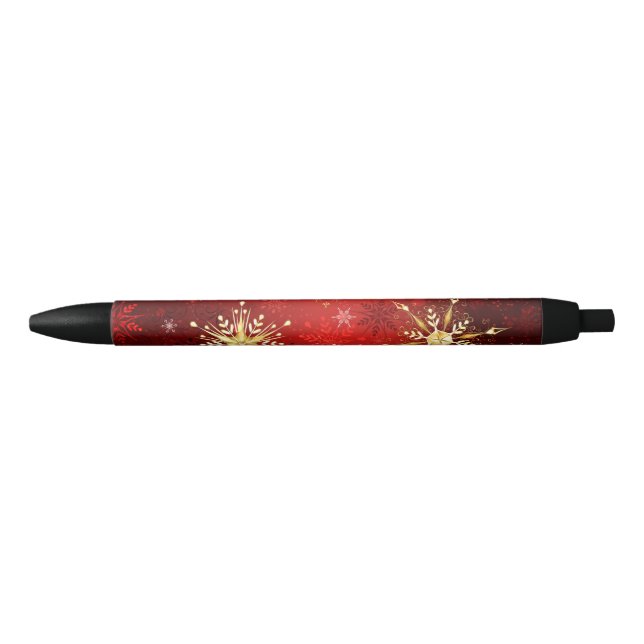 Stylo Noir Noël Golden Snowflakes sur Arrière - plan rouge (Devant)
