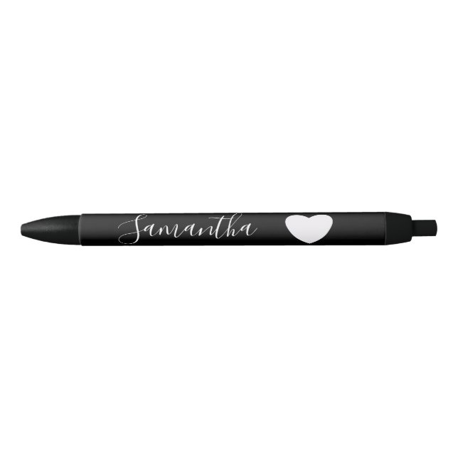 Stylo Noir Noir et Coeur Blanc Nom personnalisé (Devant)